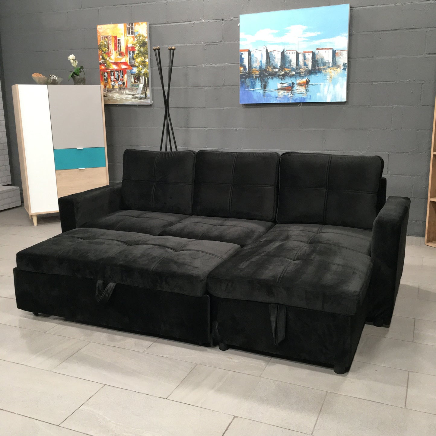 Black Universal Corner Sofa Bed with Storage – Pau 215x135cm