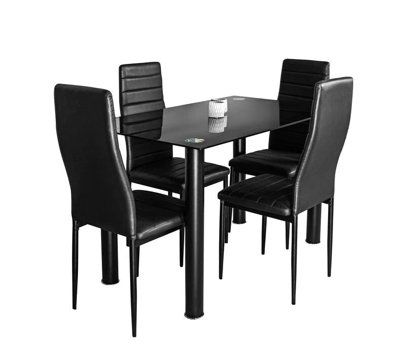 Black Glass Dining Table Set - Elegant 4-Seater