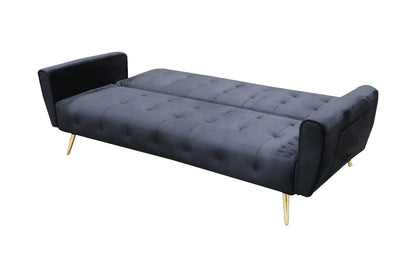 Black velvet Sofa Bed with Click-Clack Mechanism and Gold Legs. 3 seater sofa bed. Madrid sofa bed collection 210cm