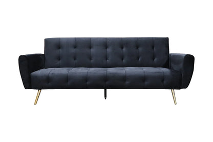 Black velvet Sofa Bed with Click-Clack Mechanism and Gold Legs. 3 seater sofa bed. Madrid sofa bed collection 210cm