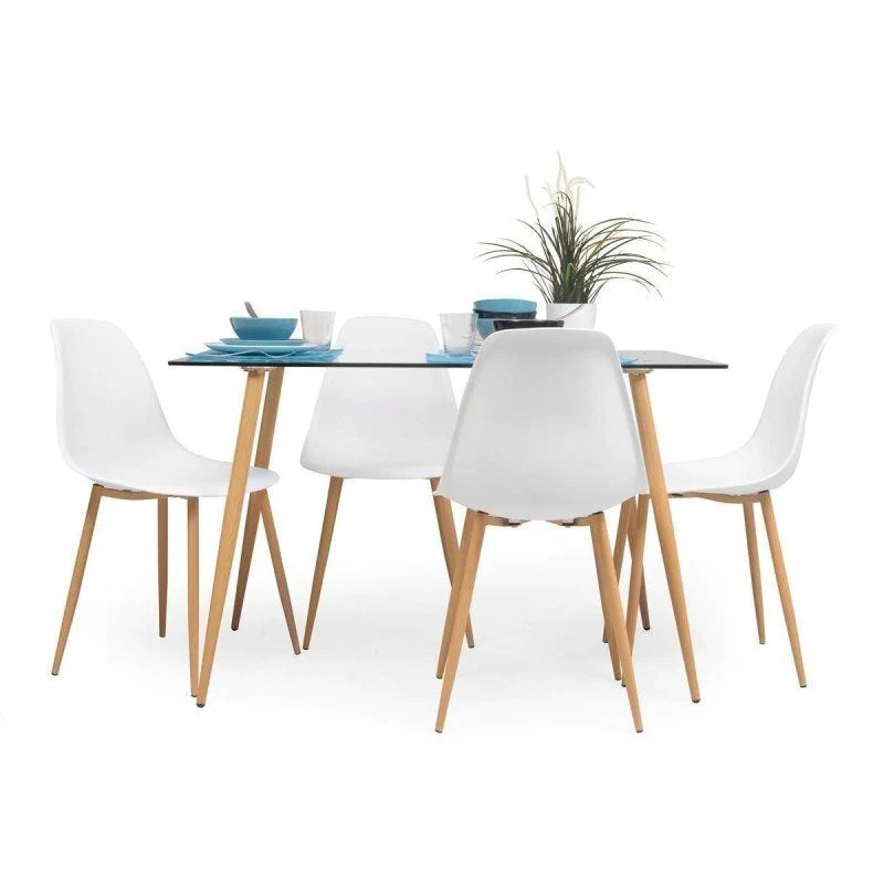 Modern Nordic Dining Room Set: Glass Table & White Chairs