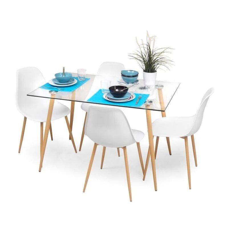 Modern Nordic Dining Room Set: Glass Table & White Chairs