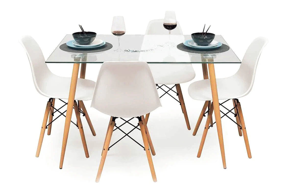 Modern Nordic Dining Room Set: Glass Table & White Chairs