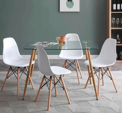 Modern Nordic Dining Room Set: Glass Table & White Chairs