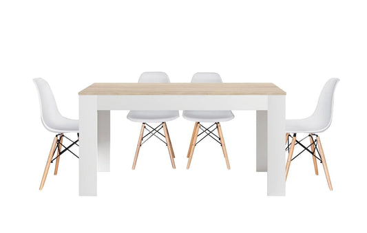 Modern White and Oak Nordic Style Wooden Dining Table Set with 4 Chairs | White & Oak