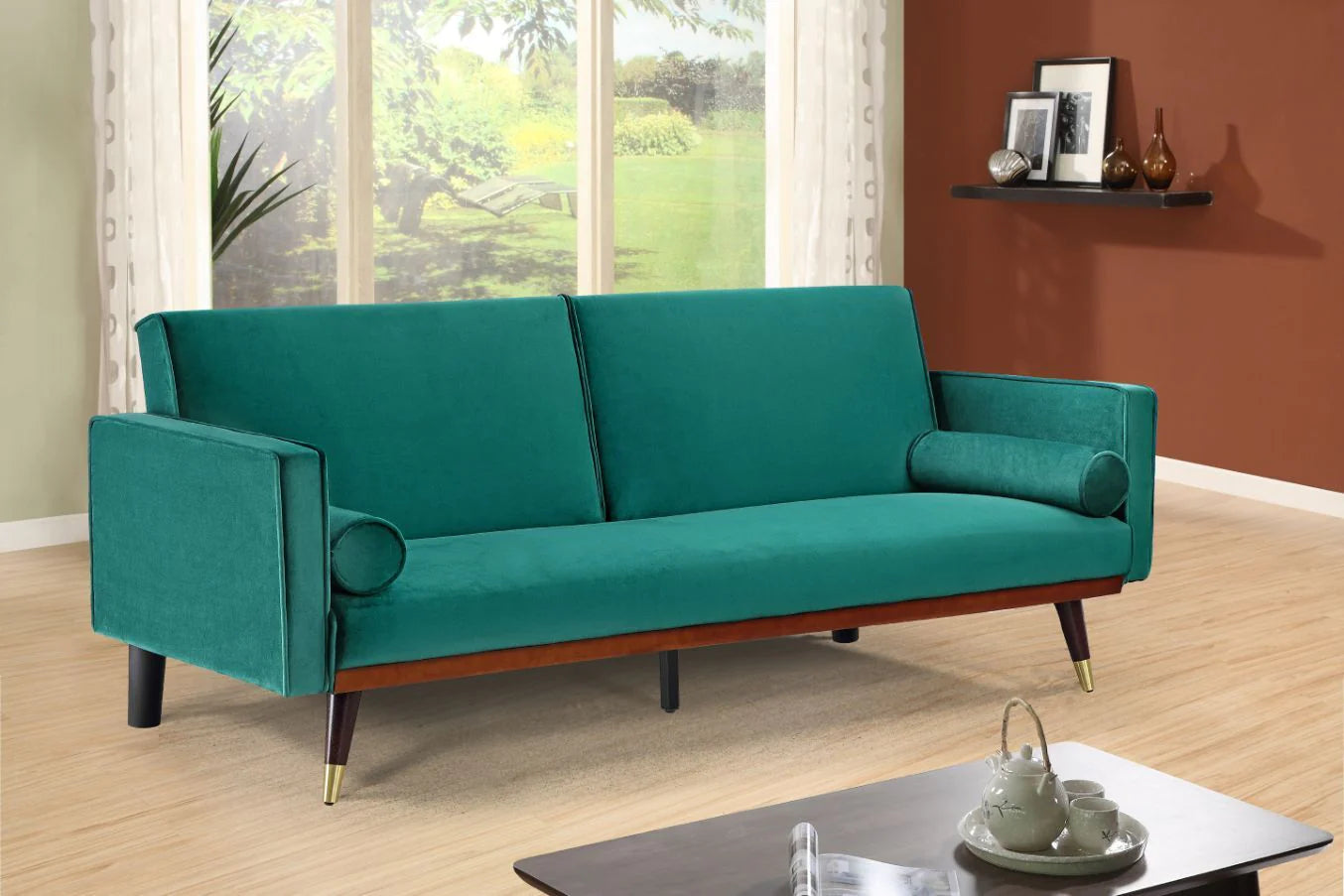 Green Velvet Sofa Bed with Click-Clack Mechanism and Gold Legs. 3 seater sofa bed. Felix sofa bed collection 210cm