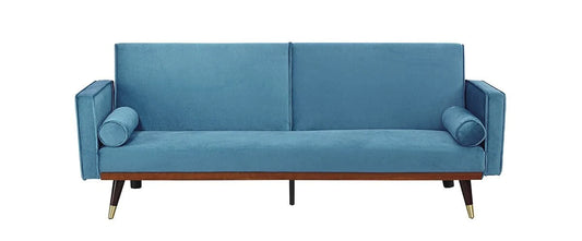 Blue Velvet Sofa Bed with Click-Clack Mechanism and Gold Legs. 3 seater sofa bed. Felix sofa bed collection 210cm