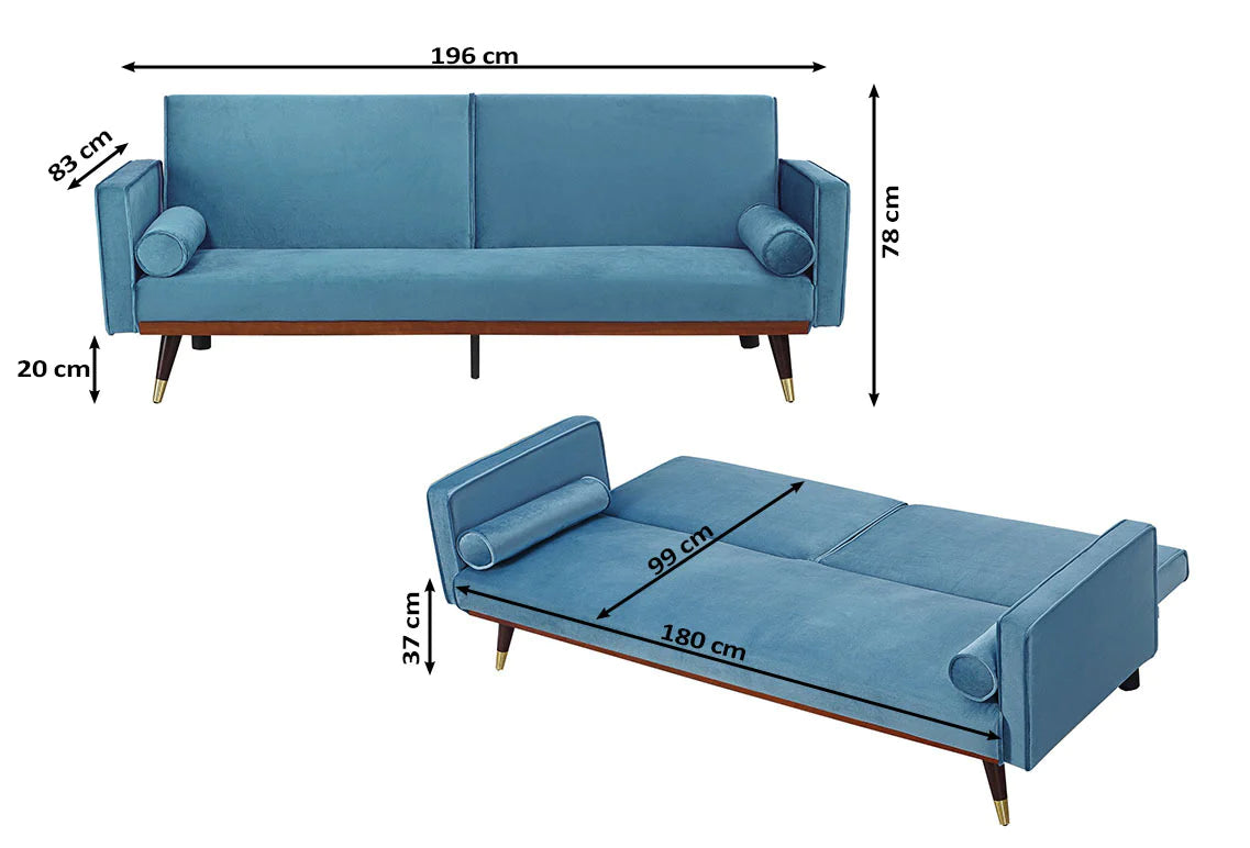 Green Velvet Sofa Bed with Click-Clack Mechanism and Gold Legs. 3 seater sofa bed. Felix sofa bed collection 210cm