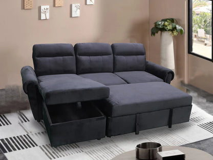 Black Velvet Convertible Sofa Bed, Pull Out Corner Sofa Storage – Denver 238x153cm