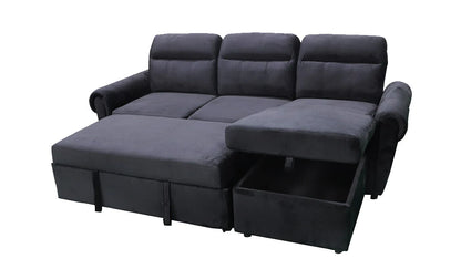 Black Velvet Convertible Sofa Bed, Pull Out Corner Sofa Storage – Denver 238x153cm