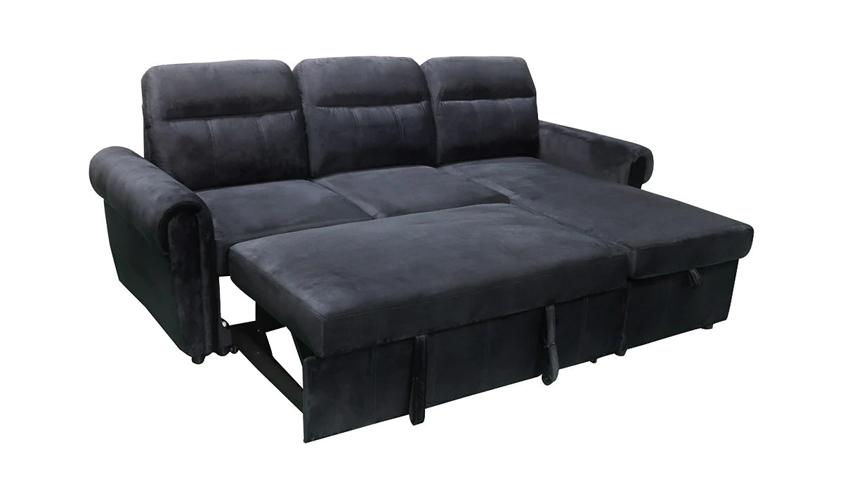 Black Velvet Convertible Sofa Bed, Pull Out Corner Sofa Storage – Denver 238x153cm