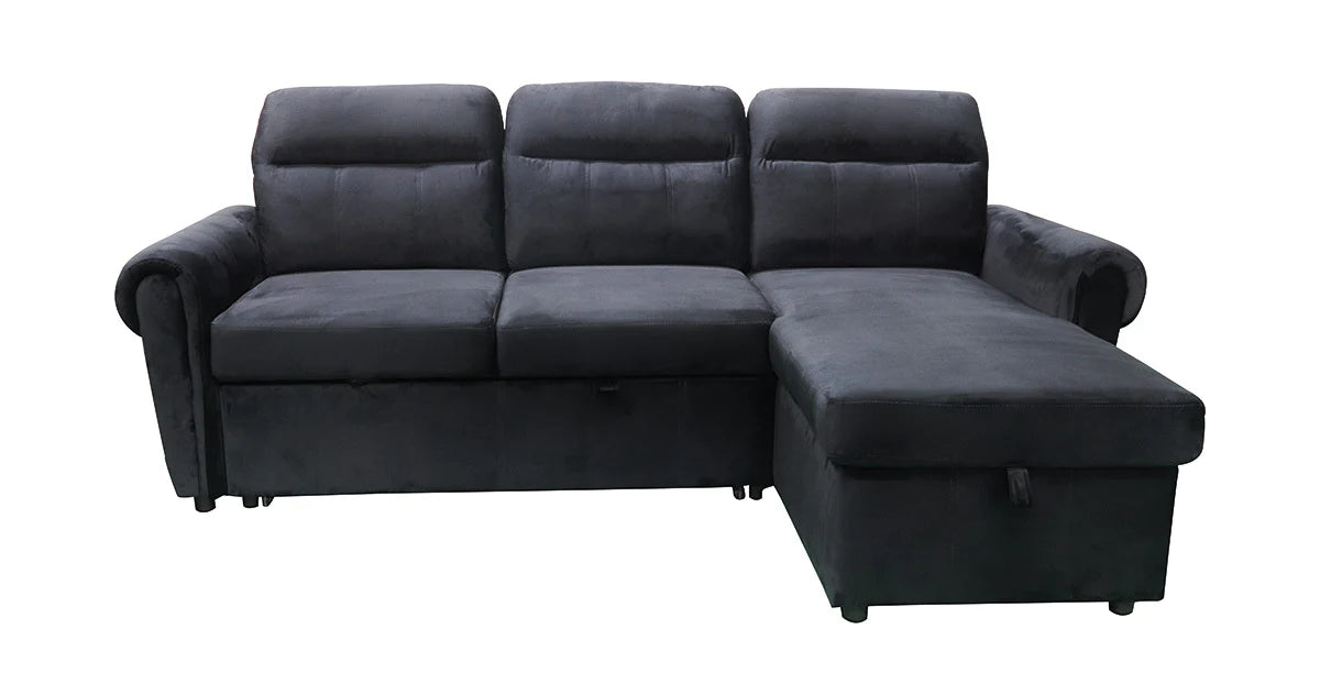 Black Velvet Convertible Sofa Bed, Pull Out Corner Sofa Storage – Denver 238x153cm