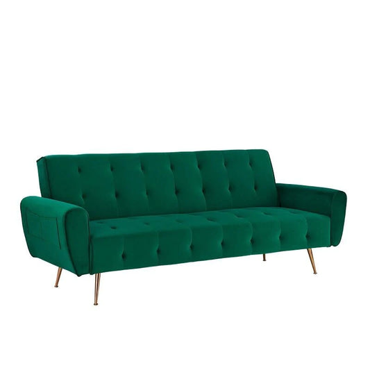 Green Velvet Sofa Bed with Click-Clack Mechanism and Gold Legs. 3 seater sofa bed. Madrid sofa bed collection 210cm