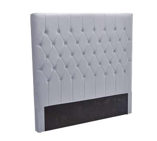 Light Grey Velvet Upholstered buttoned floor Nordic Modern Bed Headboard. Affordable, luxury and elegant for divan and storable Double bed size. Capitone collection