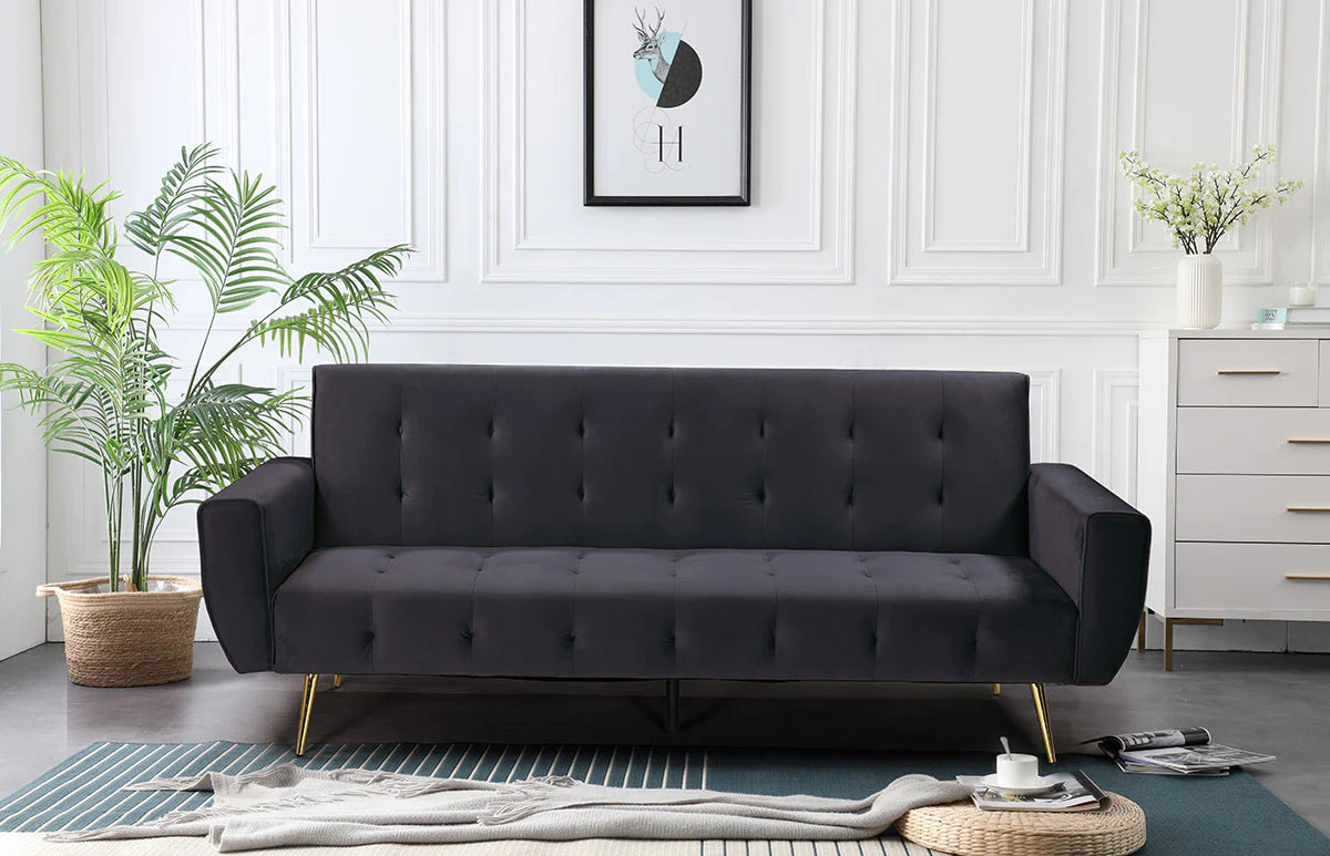 Black velvet Sofa Bed with Click-Clack Mechanism and Gold Legs. 3 seater sofa bed. Madrid sofa bed collection 210cm