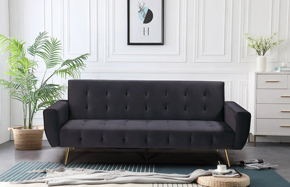 Black velvet Sofa Bed with Click-Clack Mechanism and Gold Legs. 3 seater sofa bed. Madrid sofa bed collection 210cm