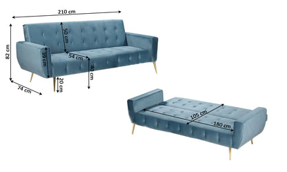 Black velvet Sofa Bed with Click-Clack Mechanism and Gold Legs. 3 seater sofa bed. Madrid sofa bed collection 210cm