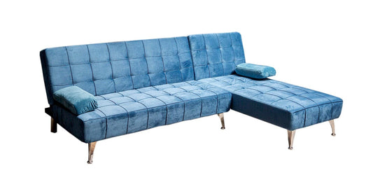 Blue Velvet Corner Sofa Bed, 3 seater sofa bed Click-clack corner sofa bed, universal Nordic style corner sofa bed with Chaise Longue 236x160cm