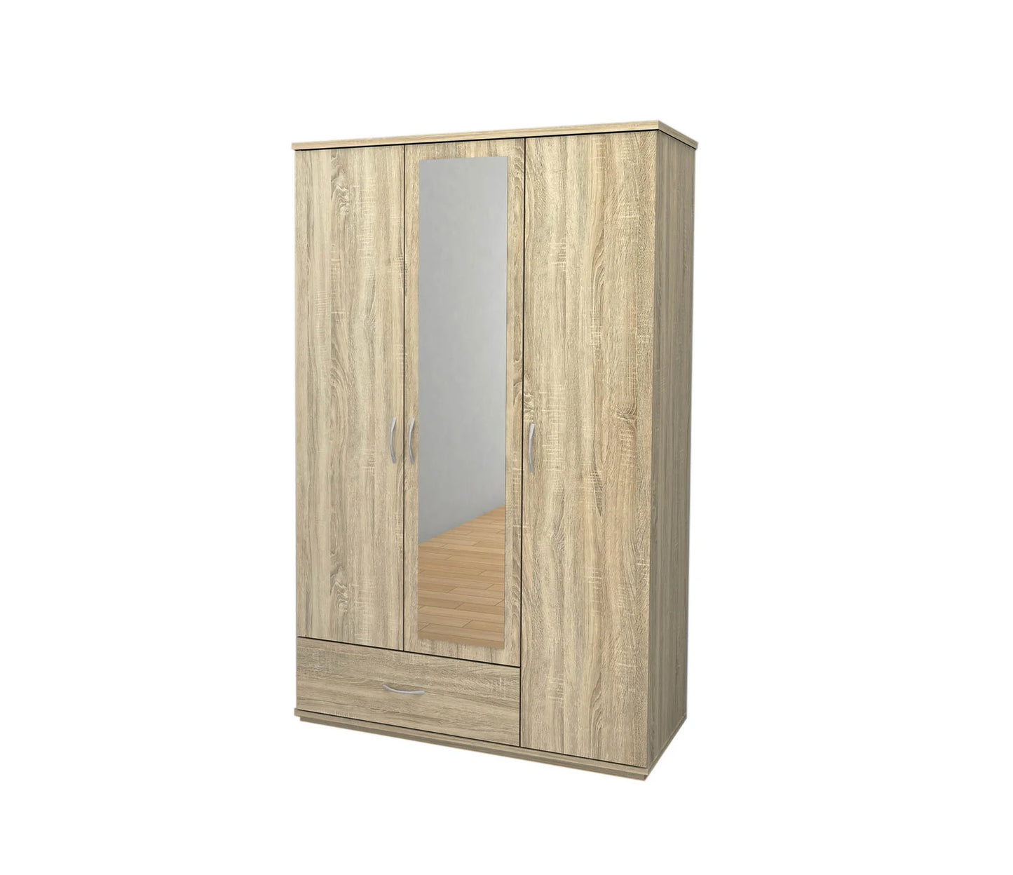 3-Door Oak Wardrobe with Mirror - Perfect for Your Bedroom