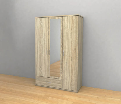 3-Door Oak Wardrobe with Mirror - Perfect for Your Bedroom