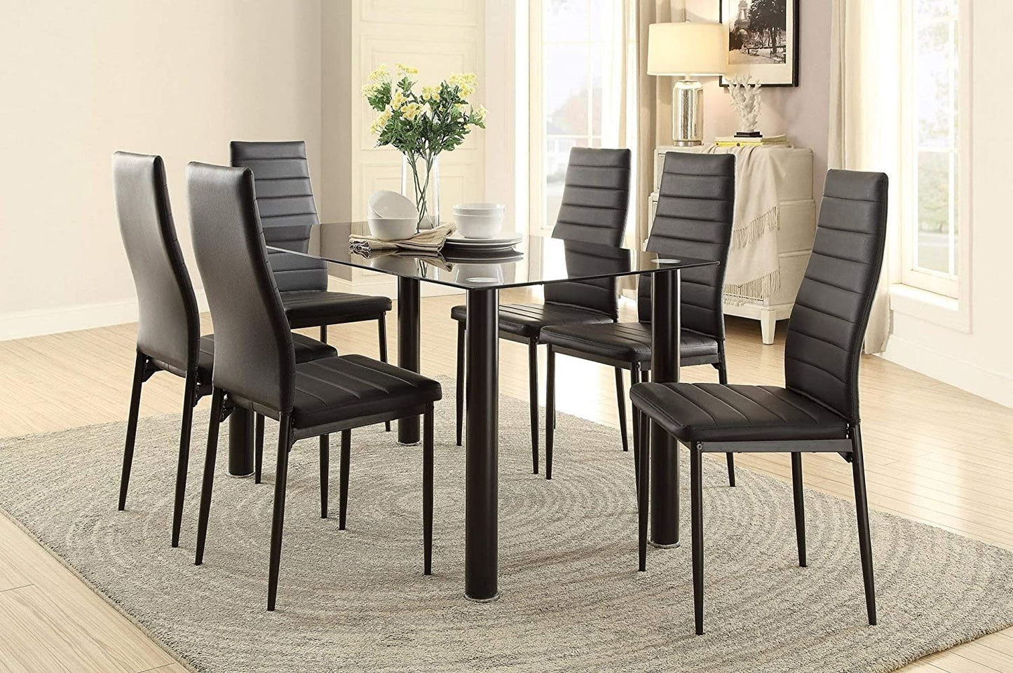 Black Glass Dining Set, 140x80cm Table + 6 Chairs