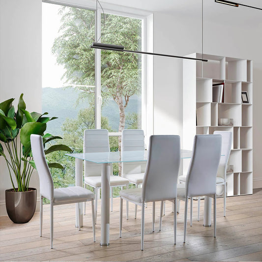 White Glass Dining Set, 140x80cm Table + 6 Chairs