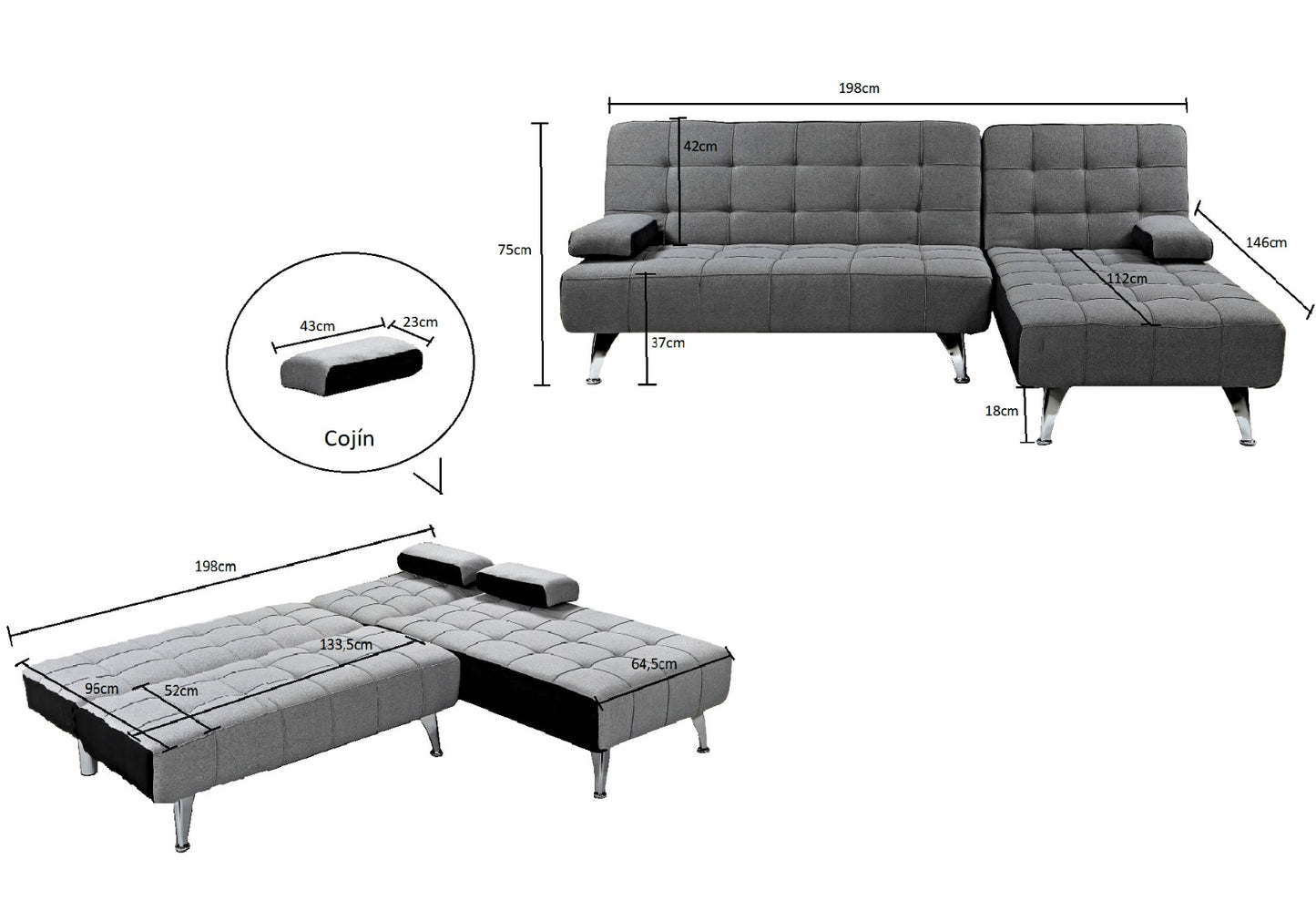 Dark Grey Fabric Corner Sofa Bed, 3 seater sofa bed Click-clack corner sofa bed, universal Nordic style corner sofa bed with Chaise Longue Size XS 198x146 cm