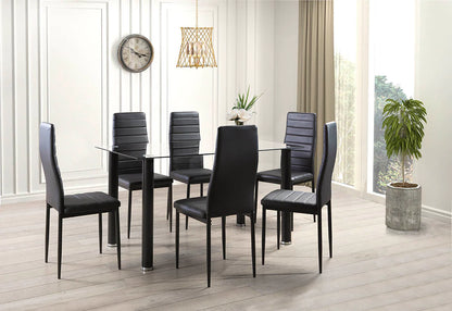 Black Glass Dining Set, 140x80cm Table + 6 Chairs