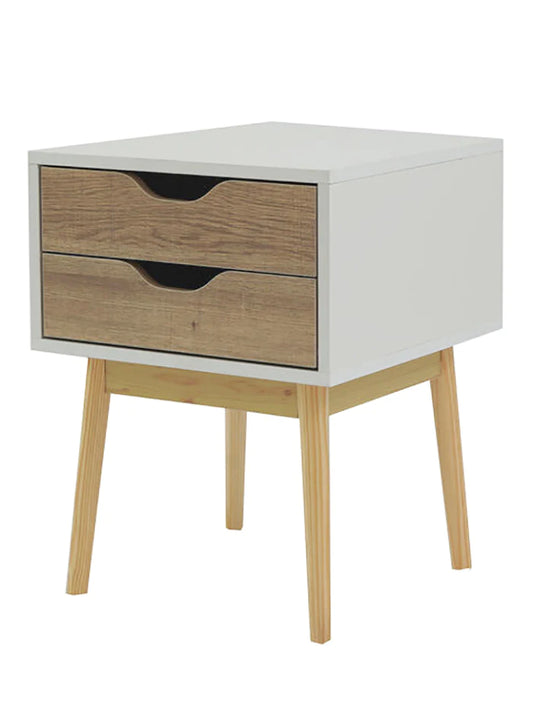 Modern White and Oak Nordic Bedside Table, wood nightstand 2 drawers.