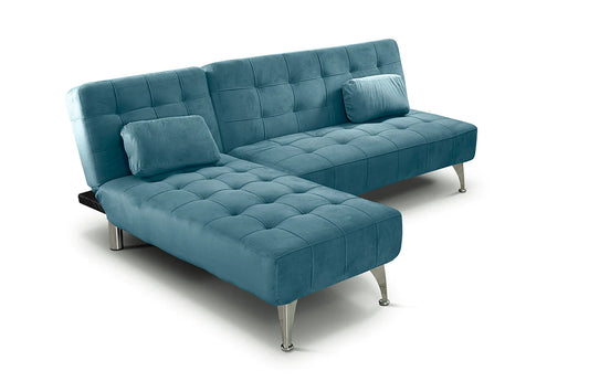 Blue Velvet Corner Sofa Bed, 3 seater sofa bed Click-clack corner sofa bed, universal Nordic style corner sofa bed with Chaise Longue Size XS 198x146cm