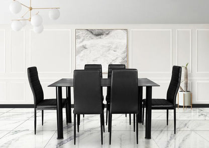 Black Glass Dining Set, 140x80cm Table + 6 Chairs