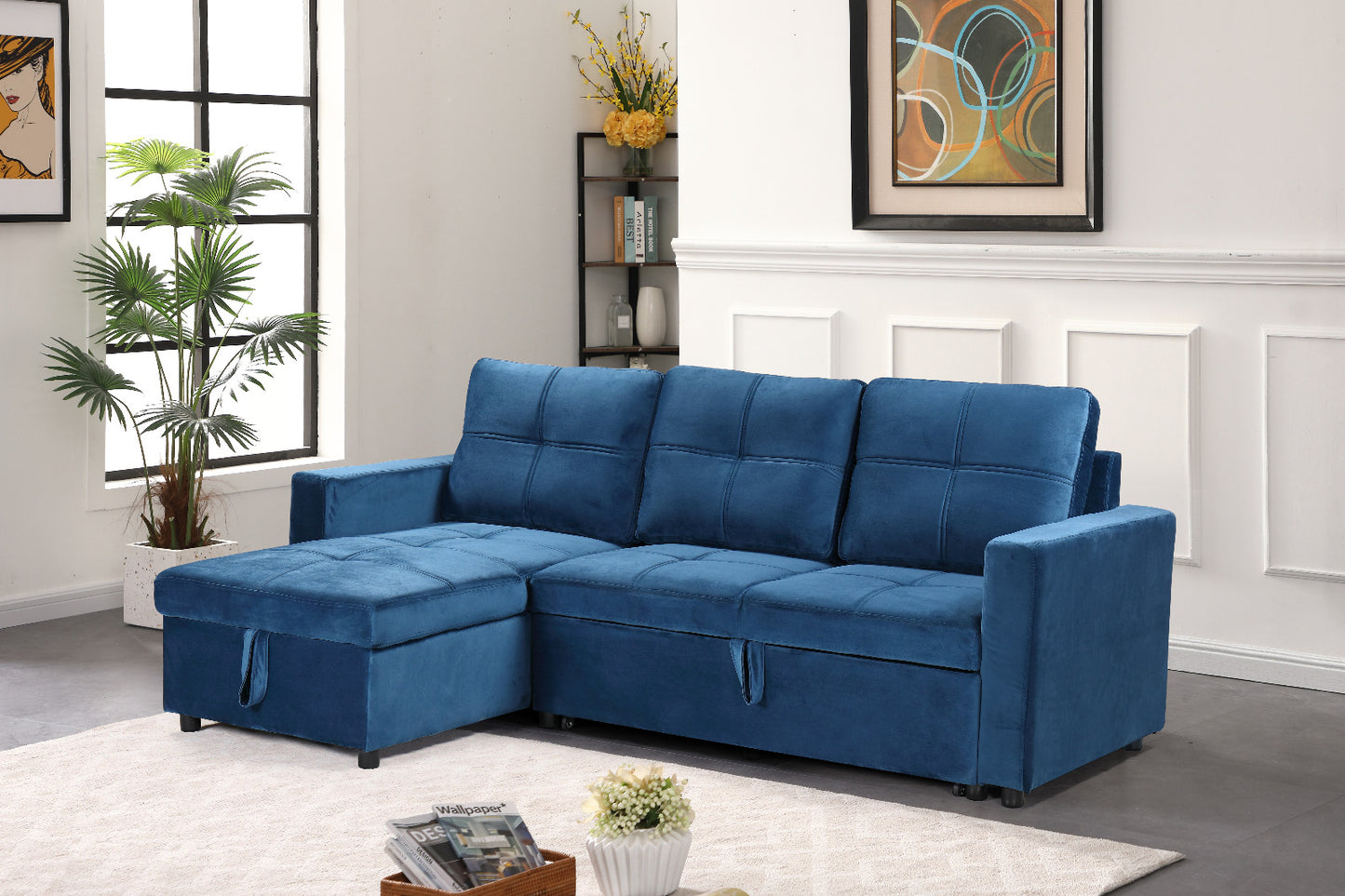 Blue Universal Corner Sofa Bed with Storage – Pau 215x135cm