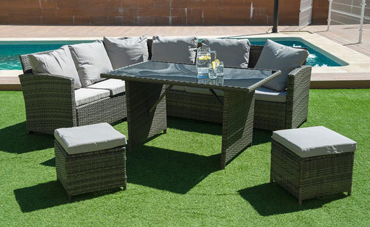 Premium Grey Rattan Corner Sofa + Dining Table Set