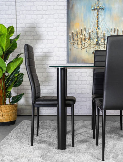 Black Glass Dining Table Set - Elegant 4-Seater